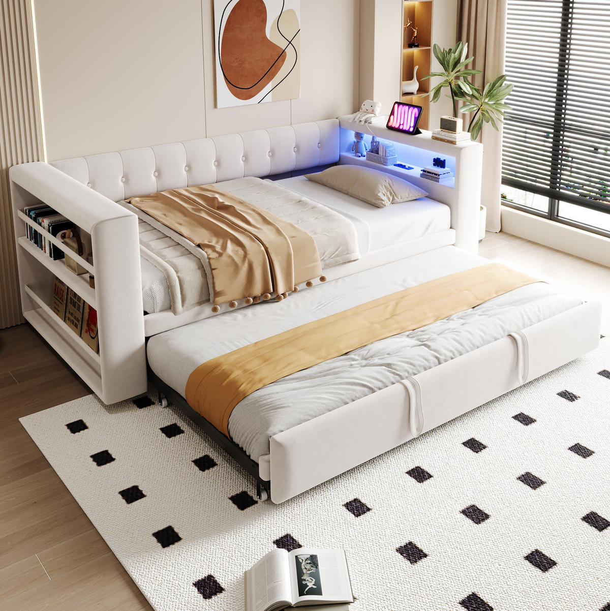POLSTERBETT 90/180 x 190 cm aus Flannelette mit LED-Beleuchtung Steckdose und Stauraum Beige - Beige, Textil (90/180cm) - Modenvie