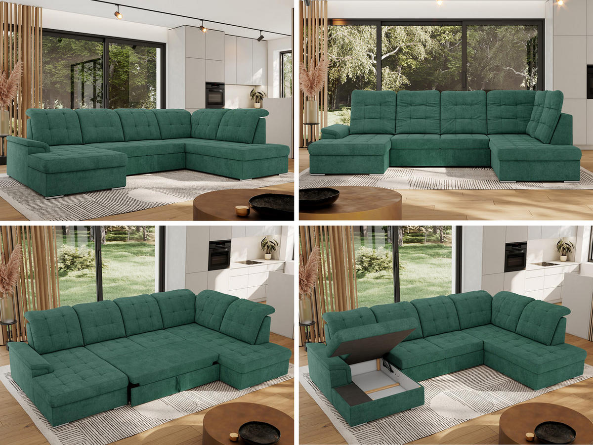 WOHNLANDSCHAFT MADRITO U - Grün Struktur - Rechts - Silberfarben/Grün, Textil/Metall (323/89/204cm) - MKS
