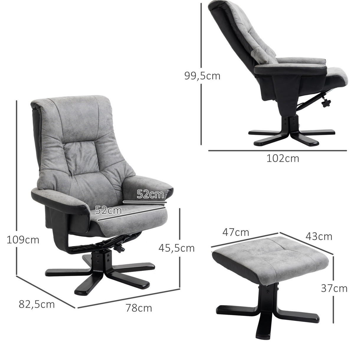 RELAXSESSEL mit Fußstütze Mikrofaser-Optik 360° drehbar, 135° Liegefunktion 78/82,5/109 cm Grau - Grau, Textil (82.5/109/78cm) - Redom