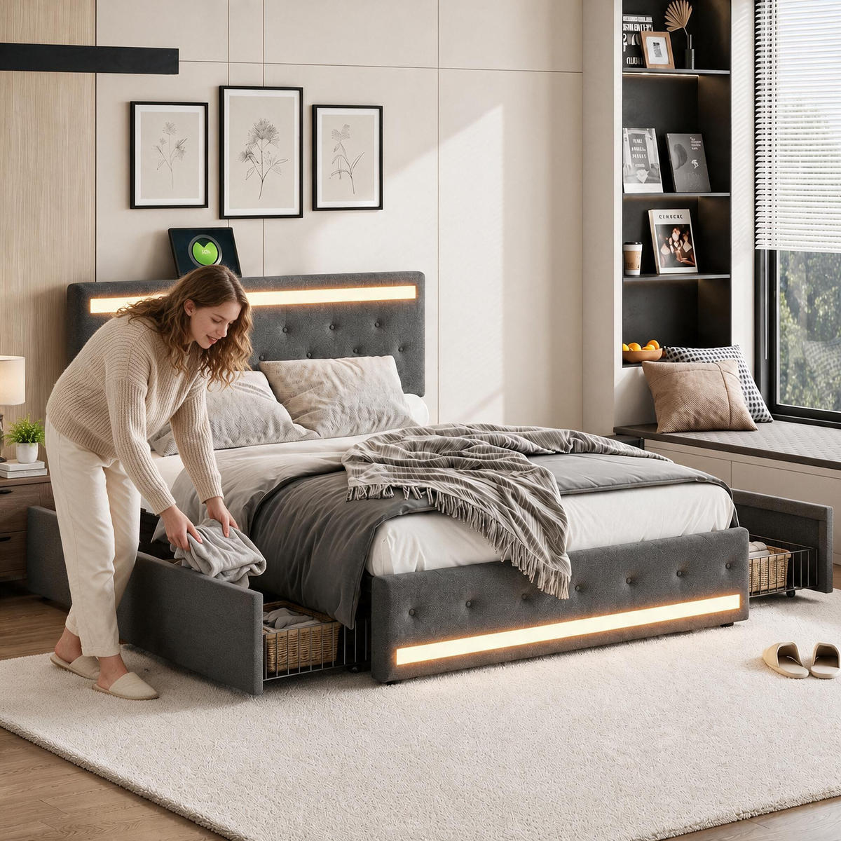 POLSTERBETT,STAURAUMBETT 140x200 cm mit LED, Leinen Dunkelgrau - Grau, Holz/Textil (140/200cm) - PARAFTA HOME