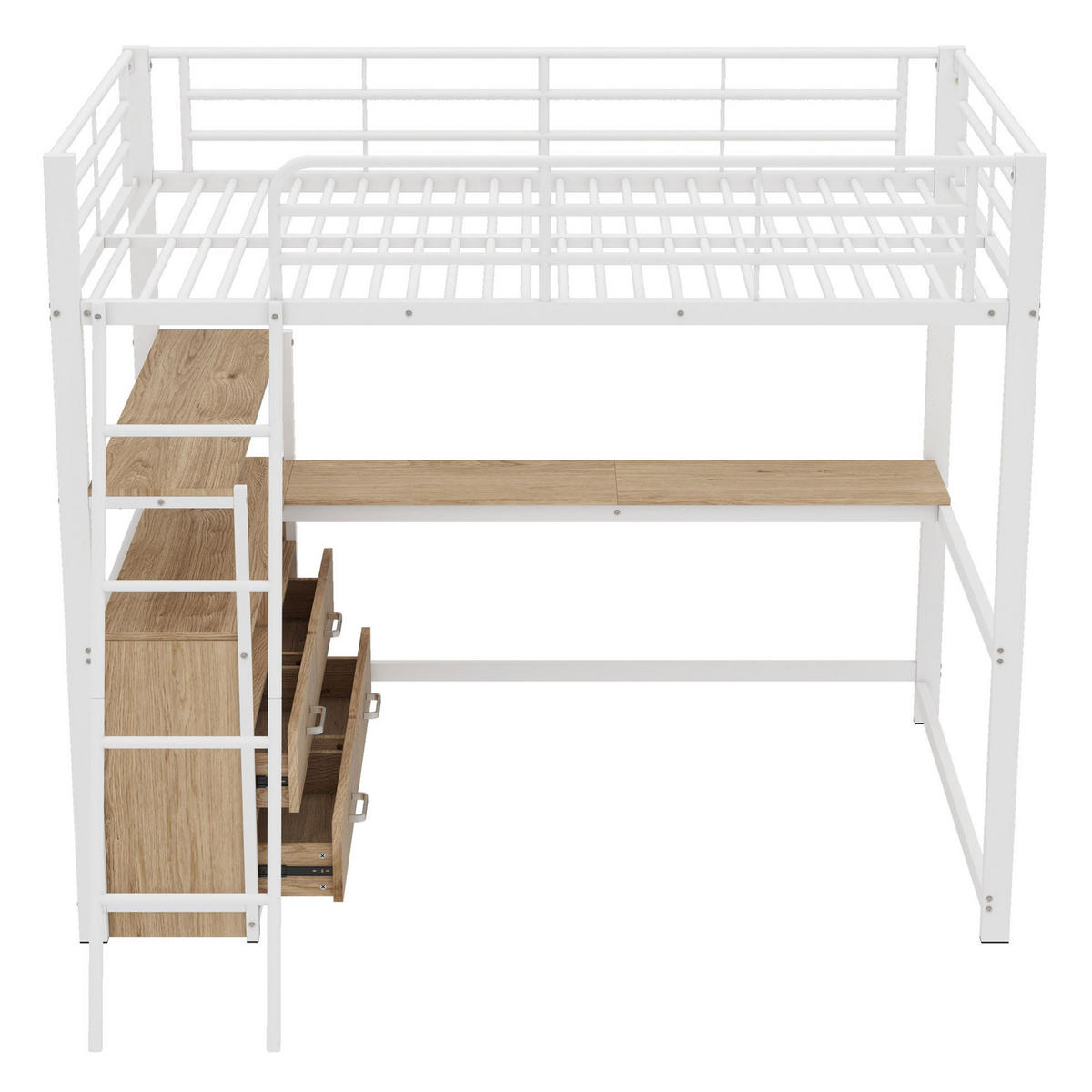 HOCHBETT 140/200 cm, Weiß mit L-förmigem Schreibtisch und 4 Schubladen - Weiß, Metall (140/200cm) - MIVRAY