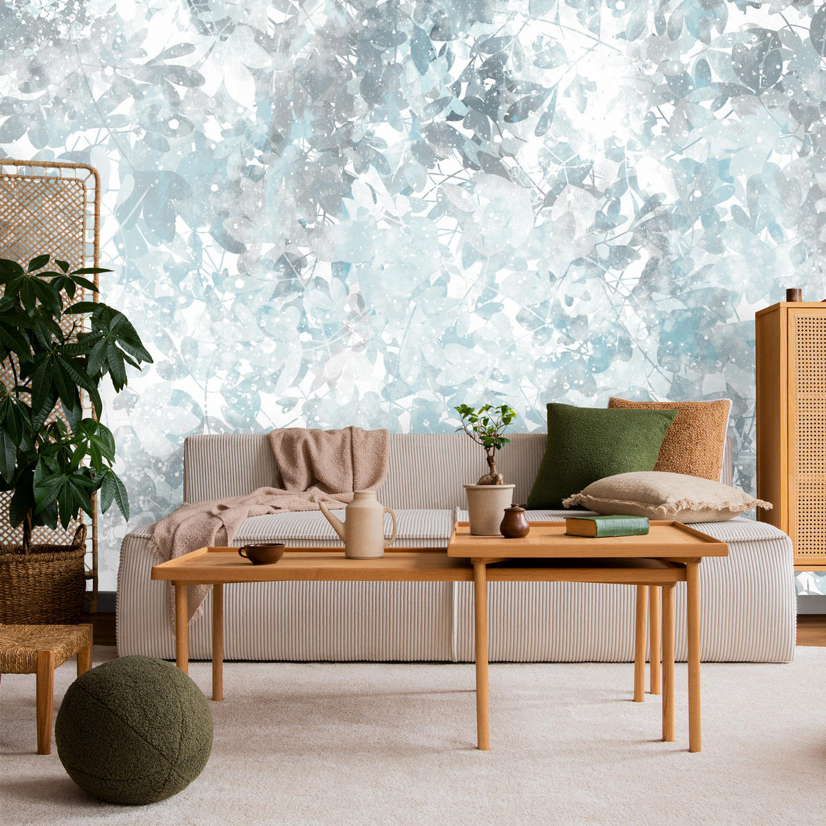 FOTOTAPETE für Wohnzimmer Blätter Abstraktion 200x140 - Blau/Weiß, Papier (200/140cm) - Muralo