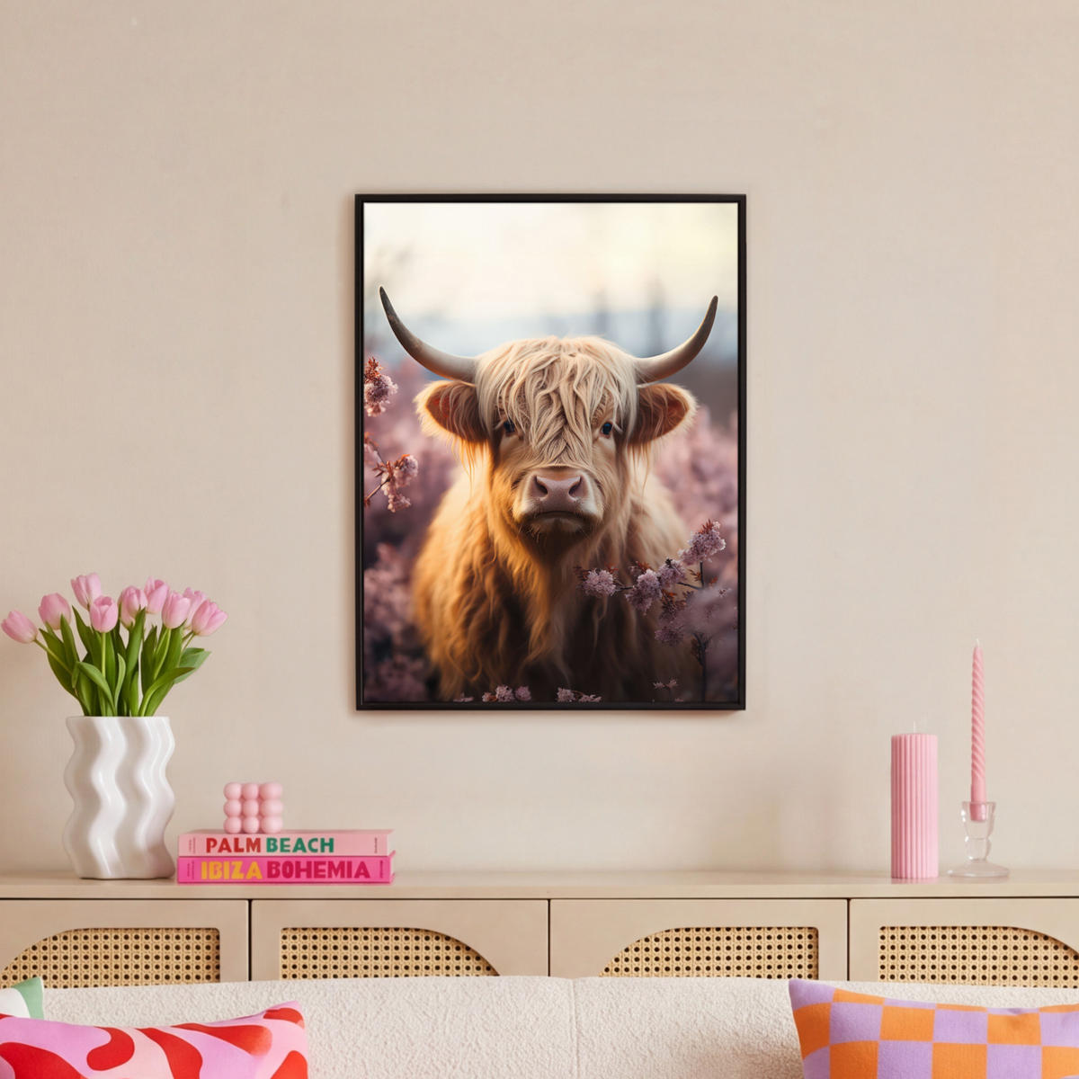 LEINWAND Bilder mit Rahmen - Schottischer Hochländer - Frühling - Hochland - 50x70 - Hellrosa, Textil (50/70cm) - MuchoWow