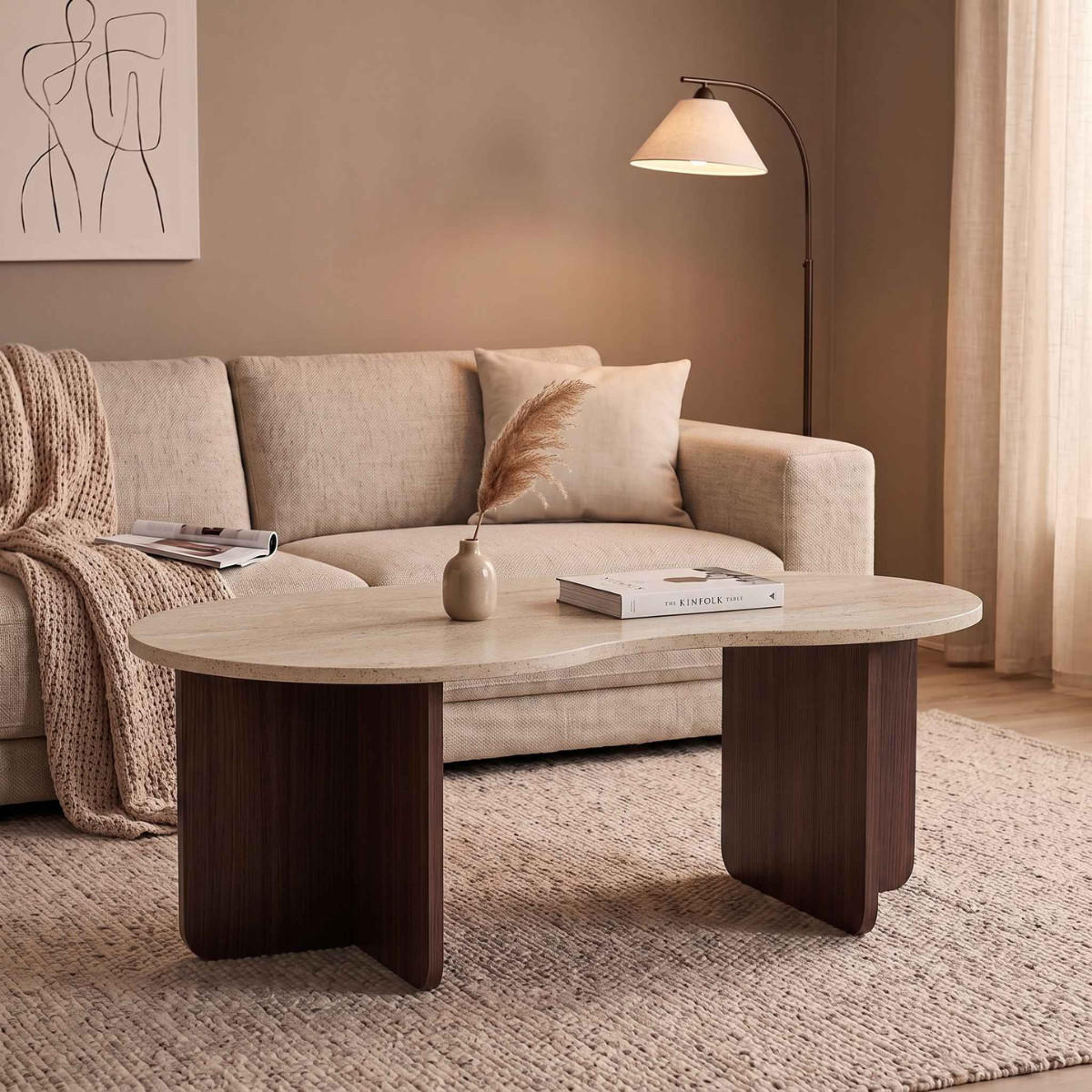 COUCHTISCH mit organischer Platte 60/40/110 cm - Beige, Holzwerkstoff (110/60/40cm) - Calicosy
