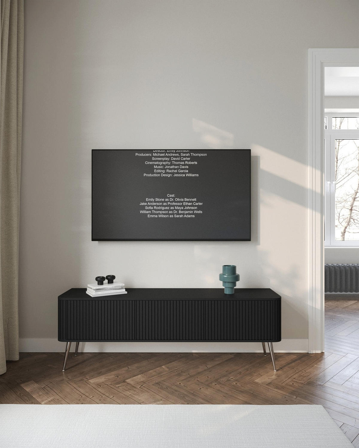 TV stolík Ovarlo čierny s drážkovanými čelami 3-dverový 163/49/38 cm - čierna/strieborná, kov/kompozitné drevo (163.2/49.2/38cm) - Selsey