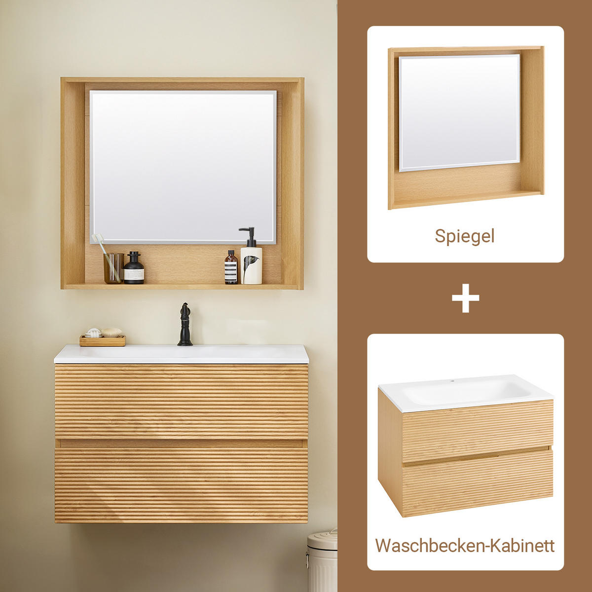 BADMÖBEL-SET Natur - Naturfarben, Glas/Keramik (80/52/50cm) - SoBuy