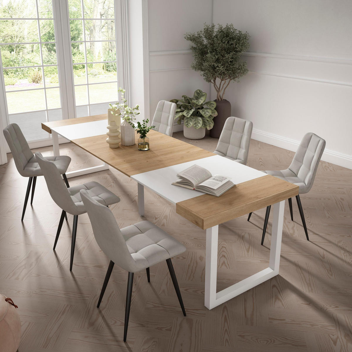 KONSOLENTISCH ausziehbar 58 bis 302cm, für 14 Gäste, eiche weiß, 90/58/73cm - Eichefarben/Weiß, Holzwerkstoff (90/302/73cm) - Skraut Home