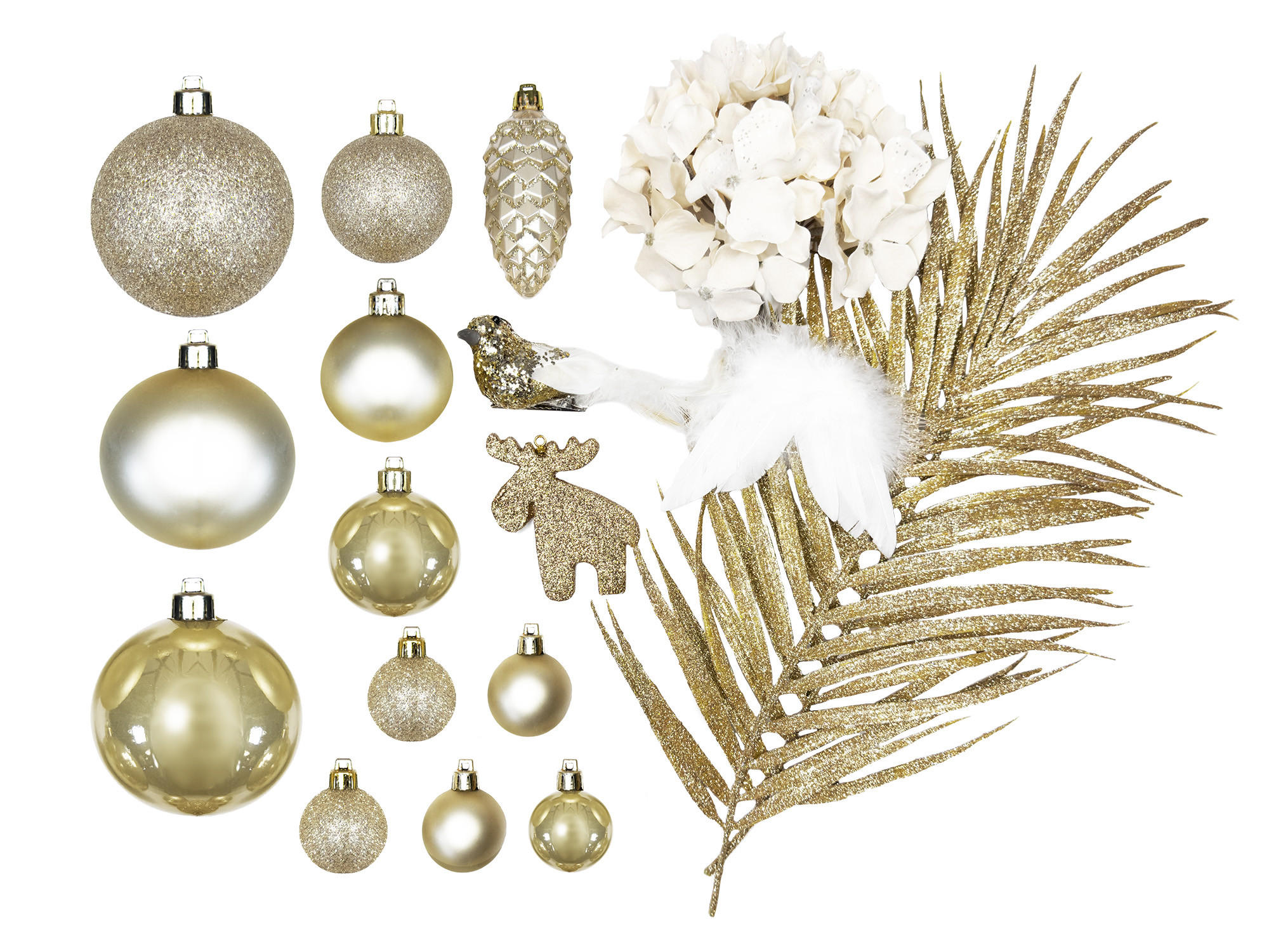 WEIHNACHTSBAUMSCHMUCK-SET SAMTELEGANZ II, 132-teilig, für Weihnachtsbäume 120–210 cm, inkl. Aufbewahrungsbox - Goldfarben/Weiß, Glas/Kunststoff (55/50/75cm) - LAALU