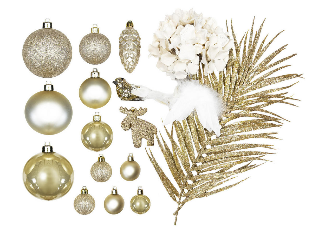 WEIHNACHTSBAUM künstlicher 240 cm, SAMTELEGANZ II, mit 203-teiligem Weihnachtsbaumschmuck, inkl. Metallständer und Aufbewahrungsbox - Champagner/Goldfarben, Kunststoff/Textil (137/240cm) - LAALU