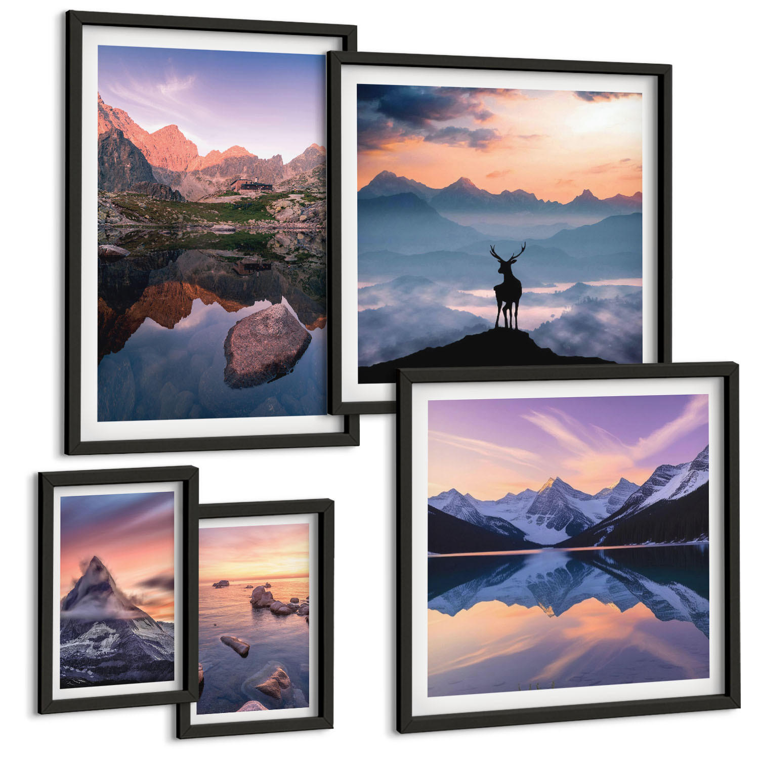 BILDER SET 5er Set - 50x50 cm & 20x30 cm & 40x60 cm Schwarzer Rahmen - Landschaften Berge Seen jelen - Schwarz, Kunststoff (40/60cm) - TULUP