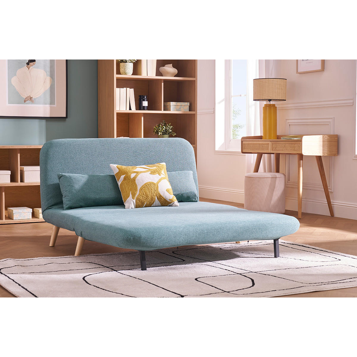 SCHLAFSOFA 2-Sitzer GraugrÙn Stoff Helles Holz AMIKO - Blaugrau, Textil (87/78/132cm) - Miliboo