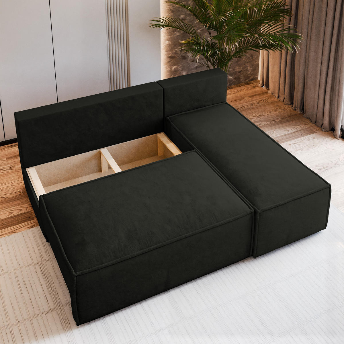 ECKSOFA BRISO M Schwarz Velours-Stoff mit Schlaffunktion - Schwarz, Holz (200/140cm) - MASSENO