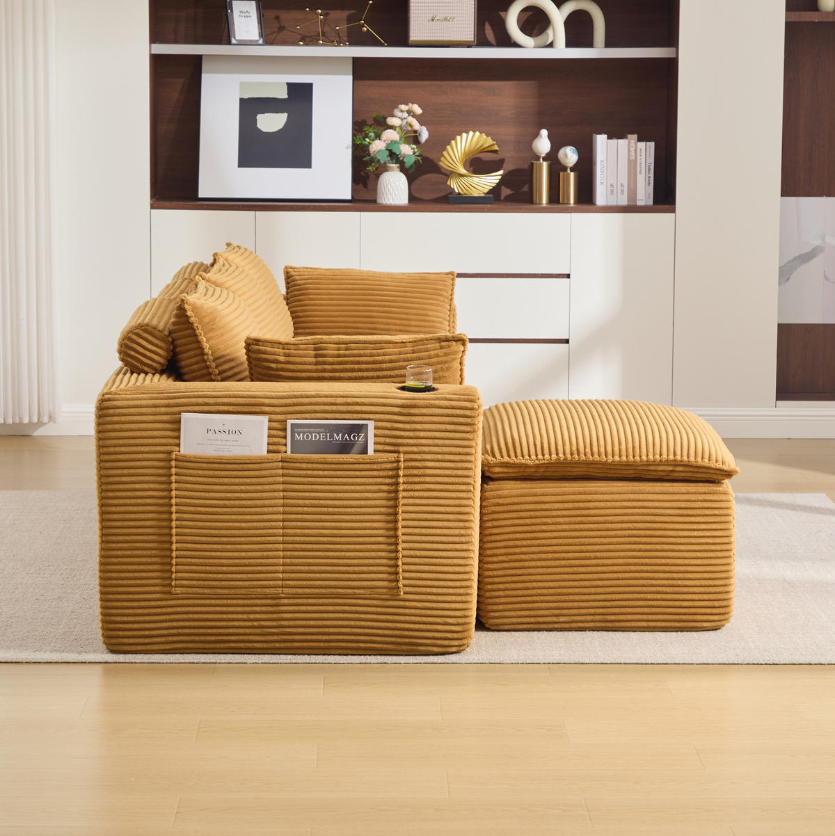 ECKSOFA 256/161/75 cm Orange aus Cord mit Kissen und Seitentaschen - Orange, Textil (161/256cm) - OKWISH