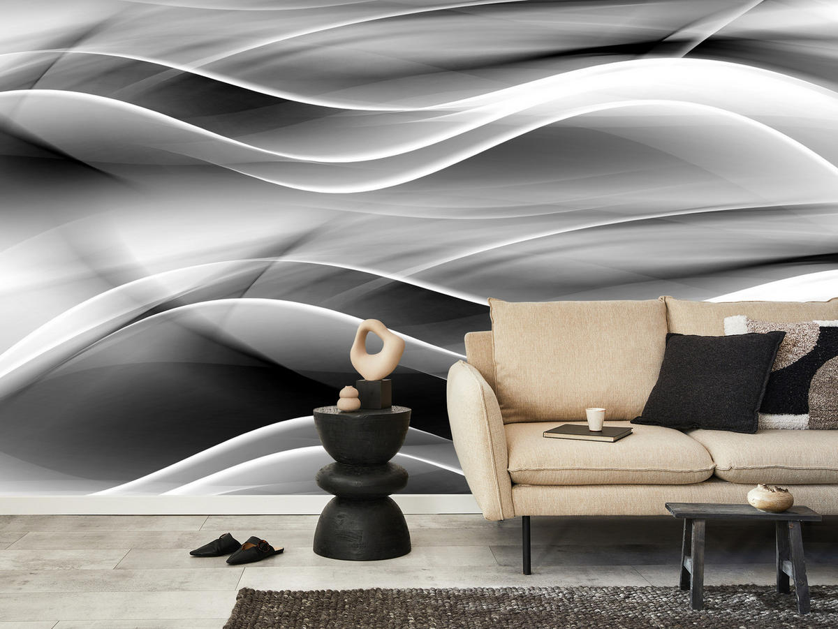 FOTOTAPETE für Badezimmer Abstrakte Monochrom Wellen Modern 100x70 - Schwarz/Weiß, Papier (100/70cm) - Muralo