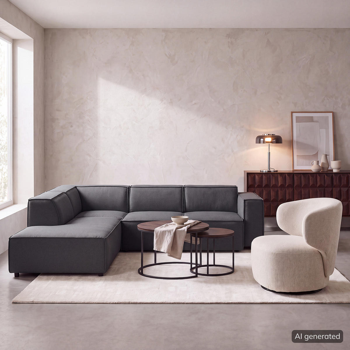 ECKSOFA mit Ottomane - Anthrazit/Schwarz, Kunststoff/Textil (260/234cm) - home24