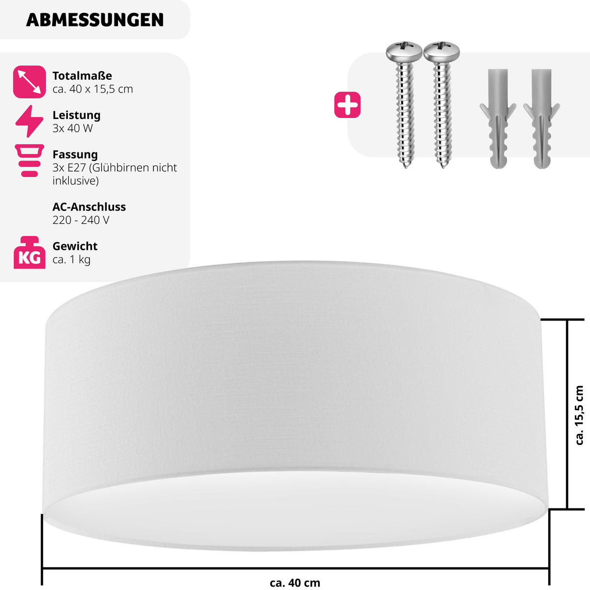 DECKENLEUCHTE Circum ,40 x 15,5 cm ,weiß - Weiß, Kunststoff (40/40/15.5cm) - tectake