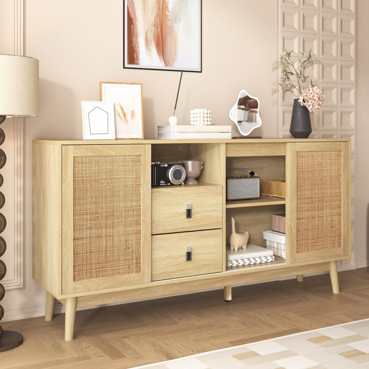 SIDEBOARD aus MDF/Spanplatte mit Rattan-Schiebetüren und 2 Schubladen, 155/38/80 cm，Naturfarben - Naturfarben, Holzwerkstoff (38/80/155cm) - Redom