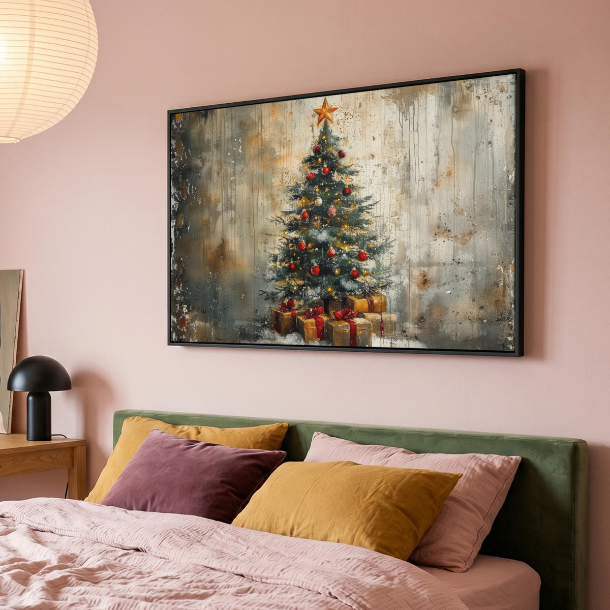 LEINWAND Bilder mit Rahmen - Weihnachtsbaum - Vintage - Weihnachten - Geschenk - 120x80 - Rostfarben, Textil (120/80cm) - MuchoWow