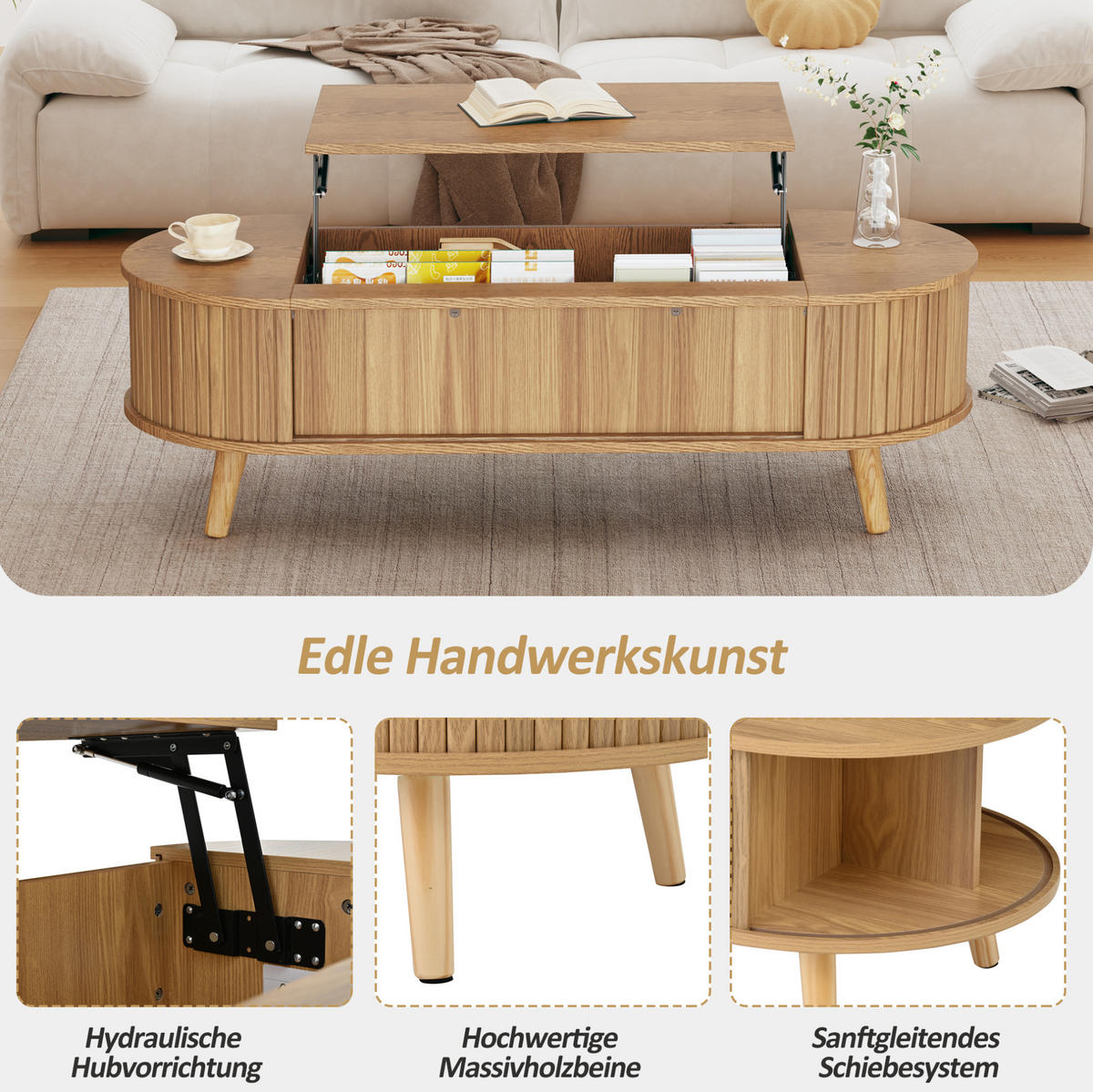 COUCHTISCH 120/50/39,5 cm höhenverstellbar mit verstecktem Stauraum und Rolltüren aus MDF, Natur - Naturfarben, Holzwerkstoff (120/50/39.5cm) - Modfu