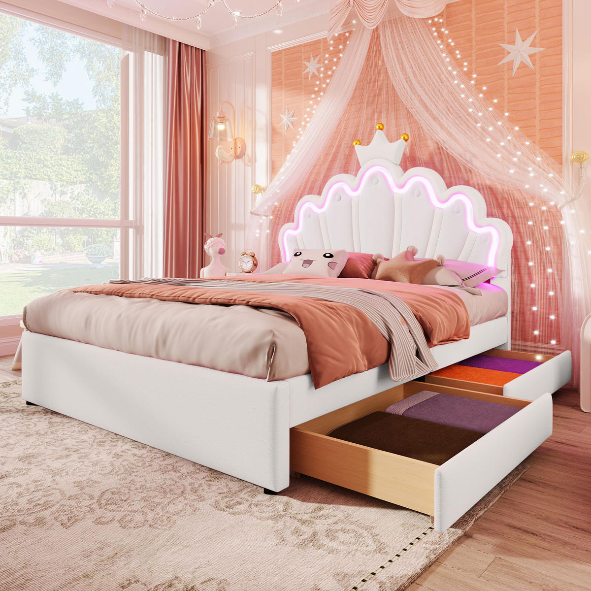 KINDERBETT 140/200 cm Weiß mit Ambientelicht und 2 Schubladen - Weiß, Leder (140/200cm) - OKWISH