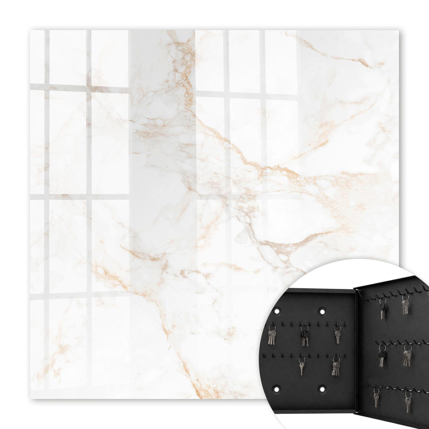 SCHLÜSSELBOX Schwarz 30x30 cm- Türöffnung nach rechts - Die Eleganz des Marmors - Weiß, Metall (30/30/5cm) - TULUP