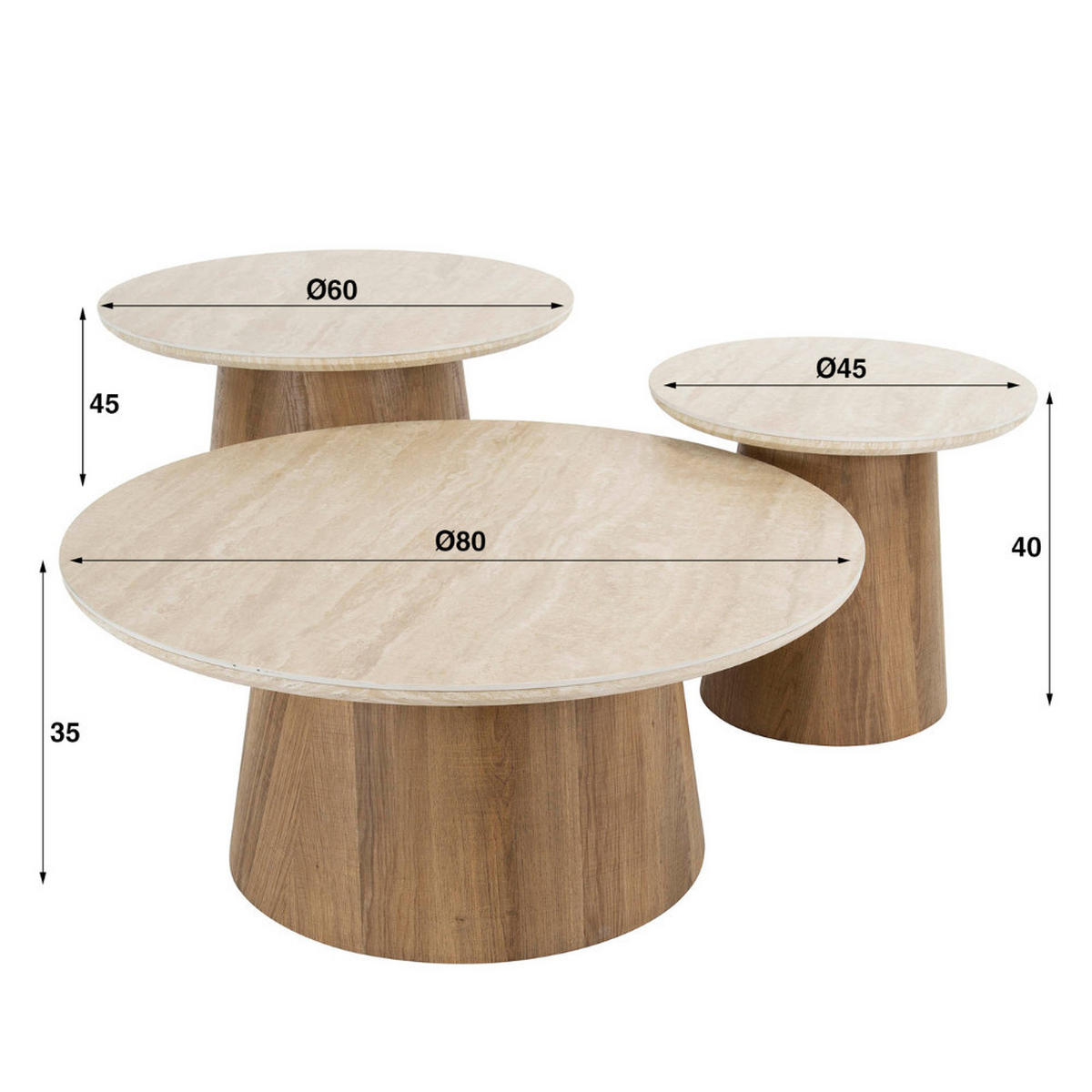 COUCHTISCH-SET ROMANO CIRCOLO 3-teilige runde Satztische in Travertin-Optik - Beige/Braun, Keramik (80/80/35cm) - alesvelt