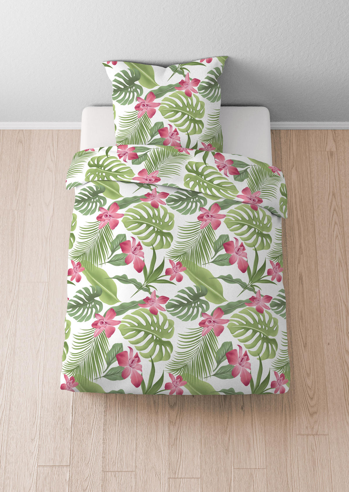 BETTWÄSCHE-GARNITUR Seersucker Tropenblätter rubin, 155x220 cm + 80x80 cm - Dunkelrot, Textil (155/220cm) - Castell