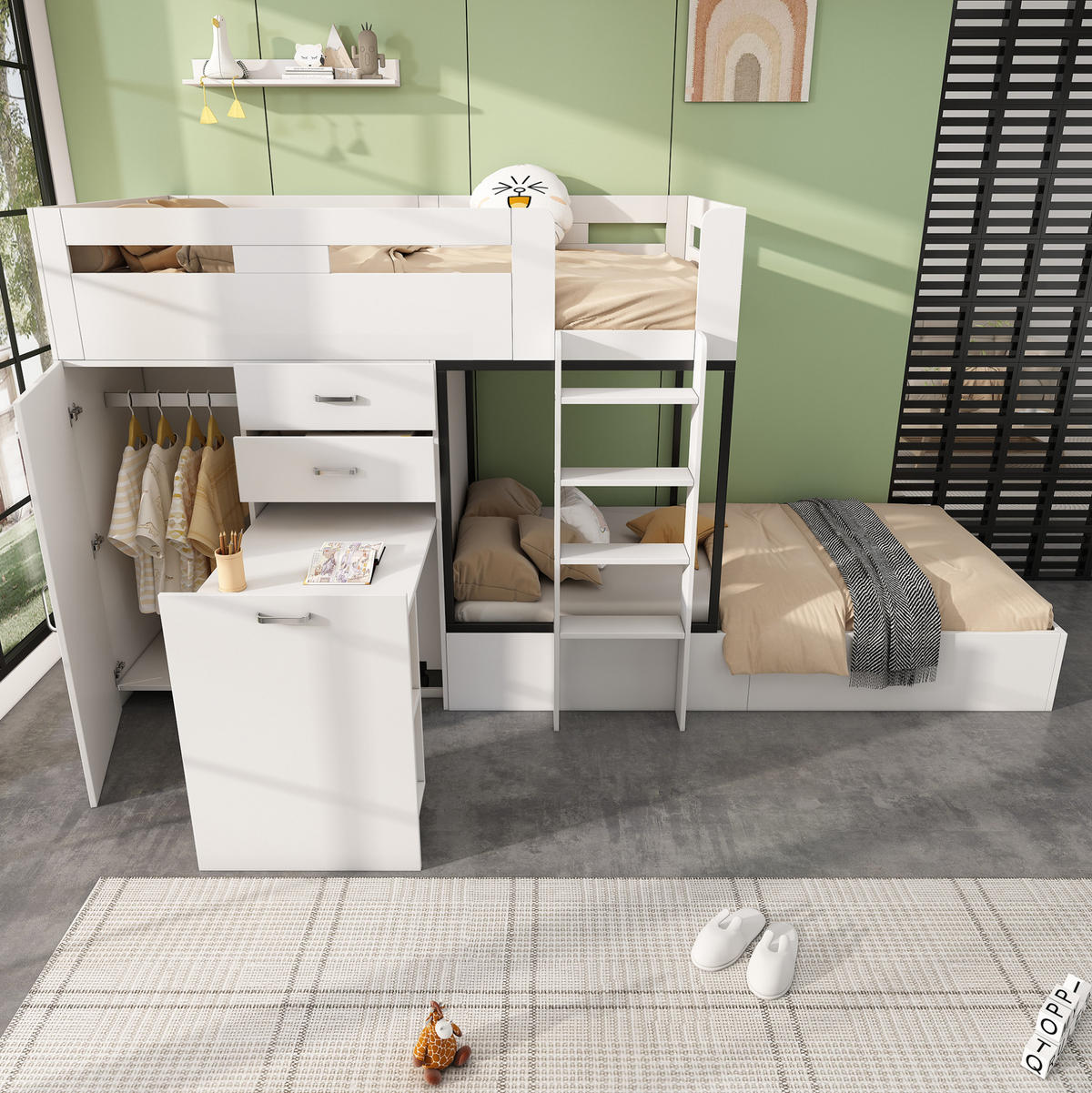 ETAGENBETT 90/200 cm in Weiß/Schwarz mit Schreibtisch und Garderobe - Weiß, Holzwerkstoff (90/200cm) - BEAOK