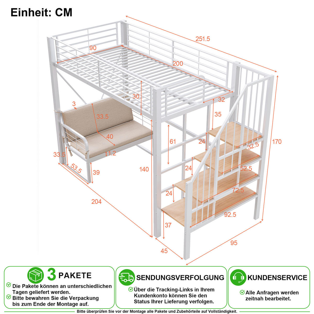 PATROVÁ POSTEL 90/200 cm v bílé barvě s úložnými schody a odnímatelnou pohovkou - bílá, kov/kompozitní dřevo (90/200cm) - CHICFURN