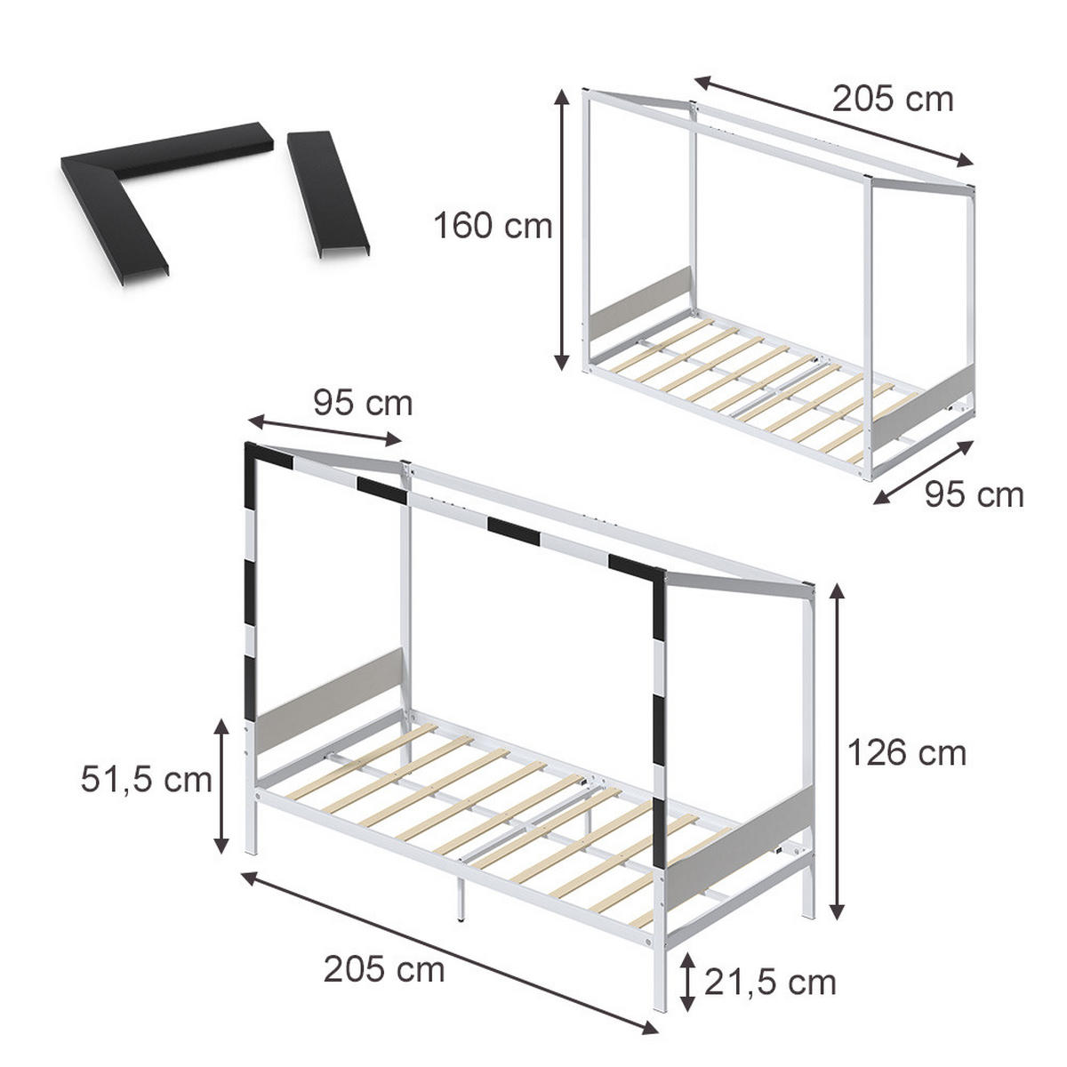 KINDERBETT Goal, Weiß/Schwarz, 90x200 mit Matratze - Schwarz/Weiß, Metall - VitaliSpa