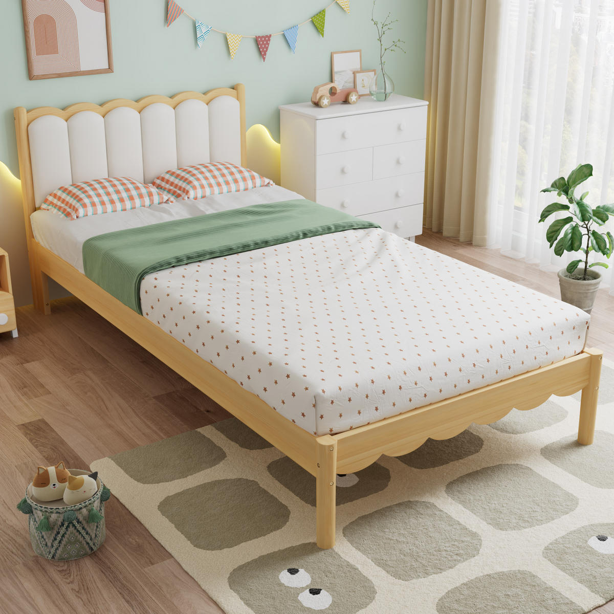 POLSTERBETT 90/200 cm in Beige und Natur mit Wellenoptik - Beige/Naturfarben, Holzwerkstoff/Textil (90/200cm) - WISHDOR