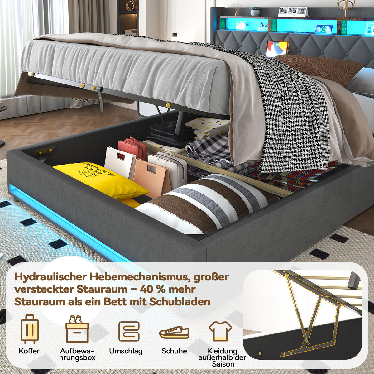 POLSTERBETT 160x200 cm mit LED, USB C, Hydraulische Bett mit Stauraum und Kopfteil, Stauraumbett Bettgestell mit Metallrahmen, Leinen, Grau - Grau, Metall