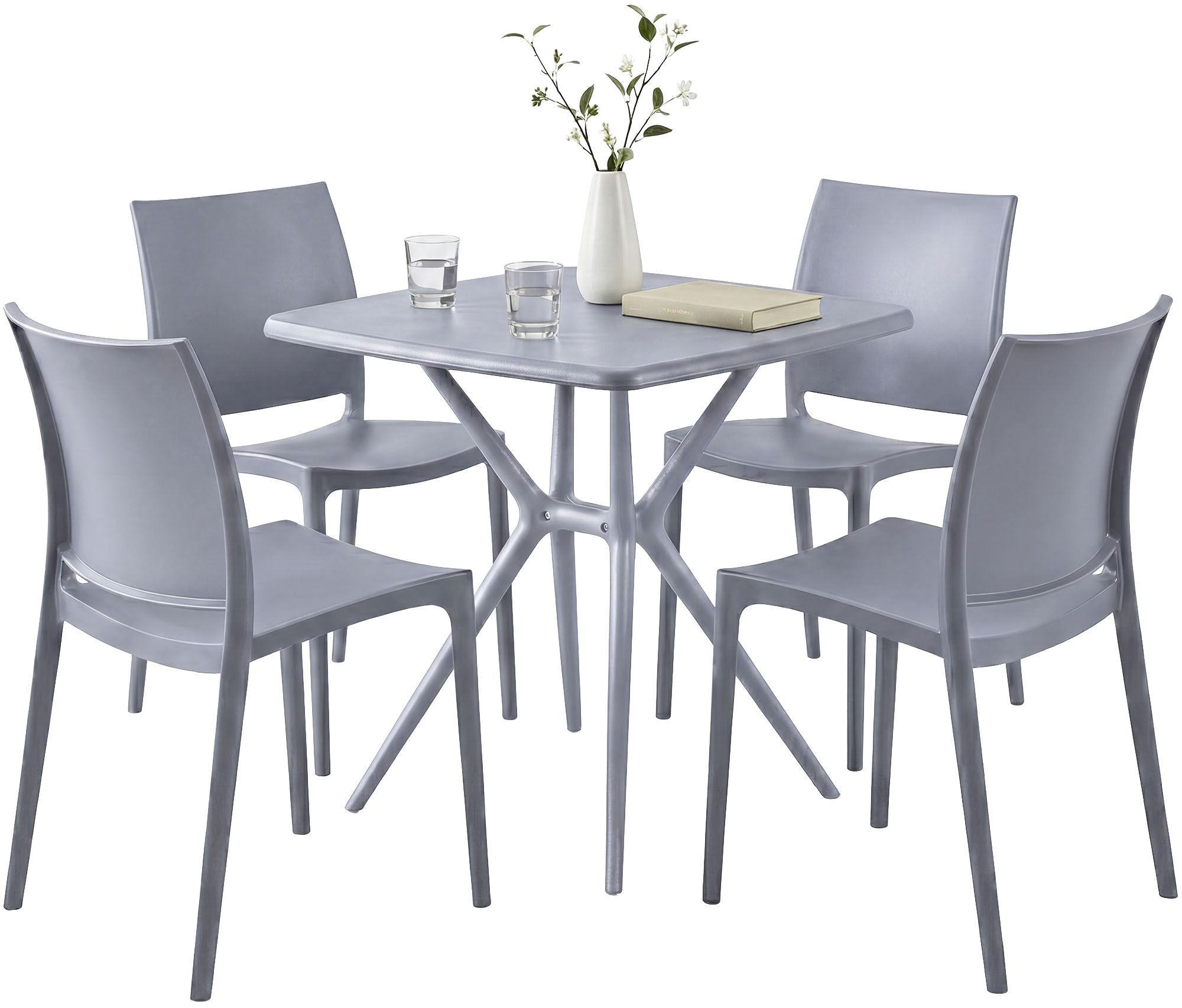 GARTENMÖBEL-SET Greta 4 Stühle 156x156x81cm Kunststoff Grau Balkonset - Grau, Kunststoff - DELUKE