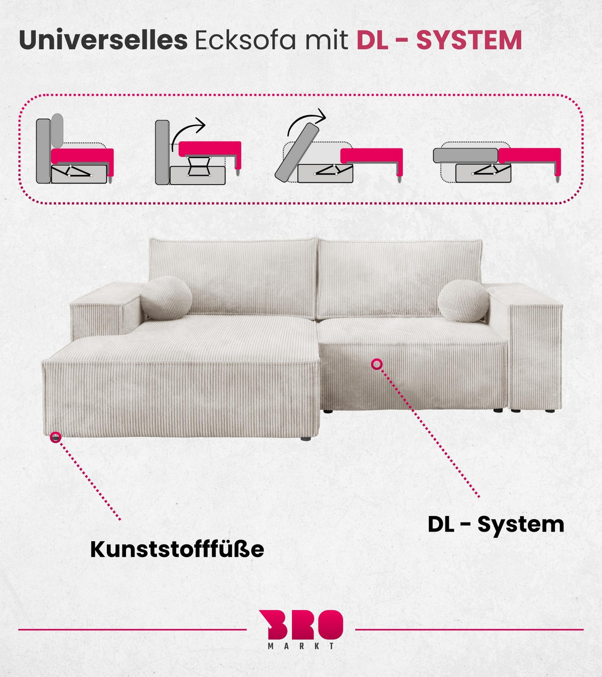 ECKSOFA Pablo Mini mit Schlaffunktion Weiß Cord - Weiß, Textil (255/148cm) - Bromarkt