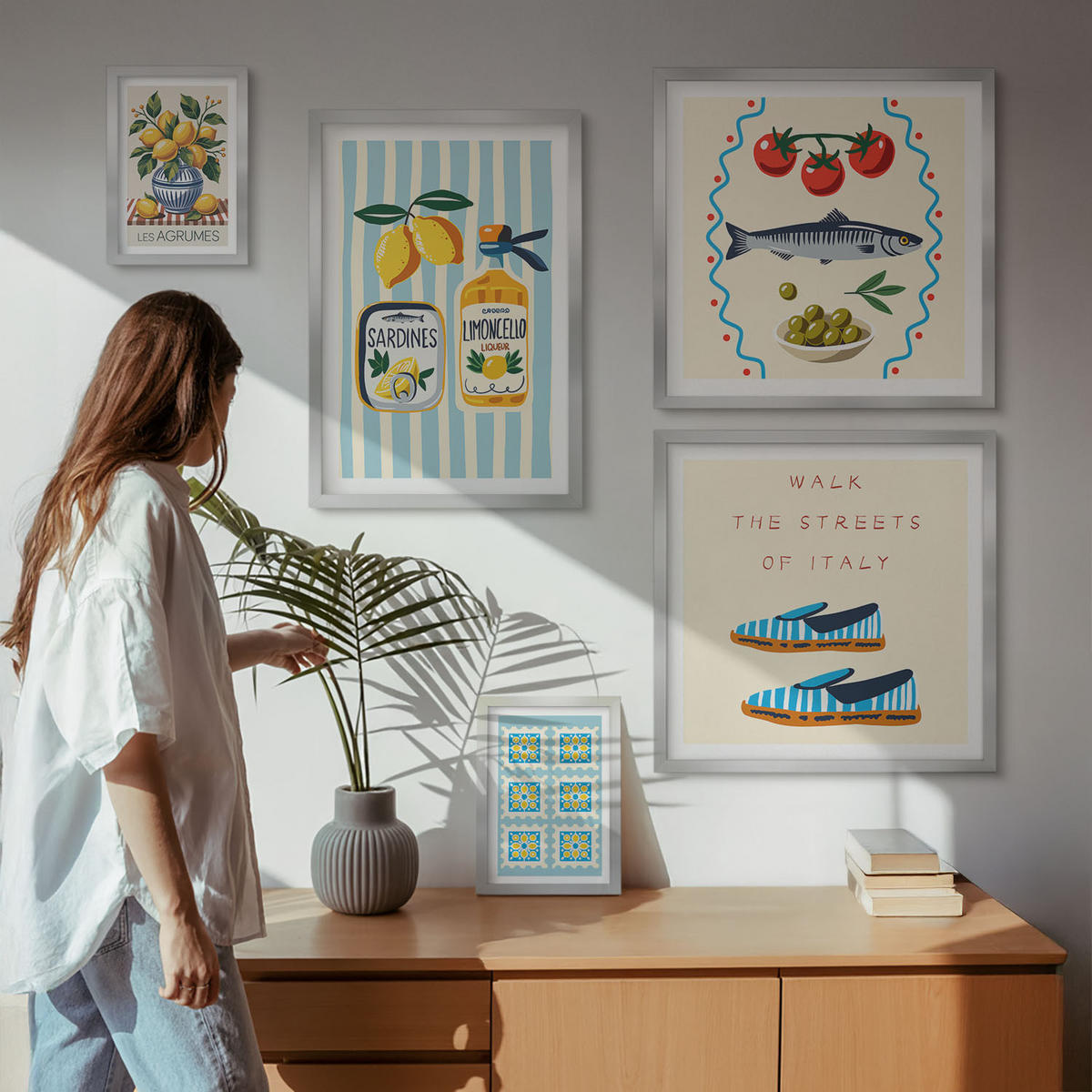 WANDBILDER 5er Set - 50x50 cm & 20x30 cm & 40x60 cm Silberner Rahmen - Italienische Aromen, farbenfrohe Bilder - Silberfarben, Kunststoff (40/60cm) - ArtPrintCave