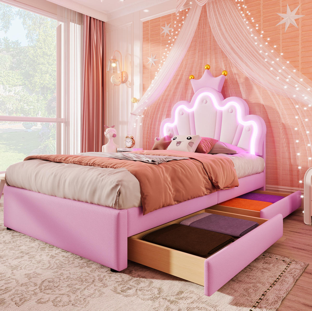 KINDERBETT Kindereinzelbetten 90/200 cm mit verstellbarem Kopfteil, LED-Beleuchtung, 2 Schubladen und PU-Bezug, Weiß/Rosa - Rosa, Kunststoff (90/200cm) - Redom