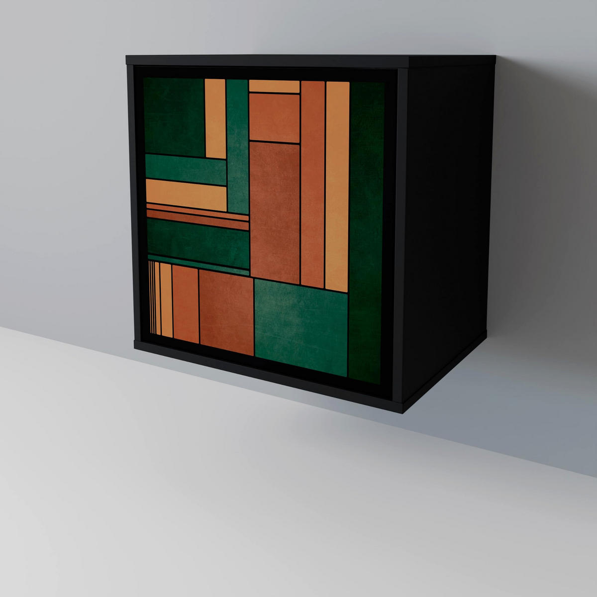 SIDEBOARD EARTHY FIGURES, Schwarz, 57,5x42x70,5 cm, Schwarze Metall-Sternfüße - Multicolor/Schwarz, Holzwerkstoff/Metall (57.5/70.5/42cm) - SpaceRebels