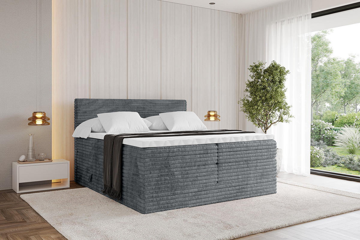 BOXSPRINGBETT mit Matratze H3|H4 und Lattenrost - TOLO KING-v1 160x200 Cord - Dunkelgrau - Dunkelgrau, Holzwerkstoff (160/200cm)