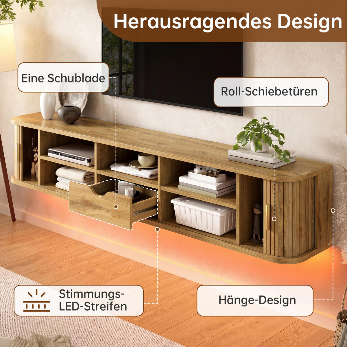 TV-BOARD Wandhängend MDF LED Rillenoptik Wohnzimmer - Naturfarben, Holzwerkstoff (175/30/30cm) - FLIEKS