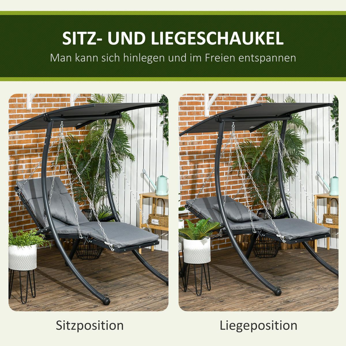 HOLLYWOODSCHAUKEL Gartenschaukel 108/145/169 cm aus Stahl mit verstellbarem Dach und Liegefunktion Dunkelgrau - Dunkelgrau, Metall (145/169/108cm) - Modenvie