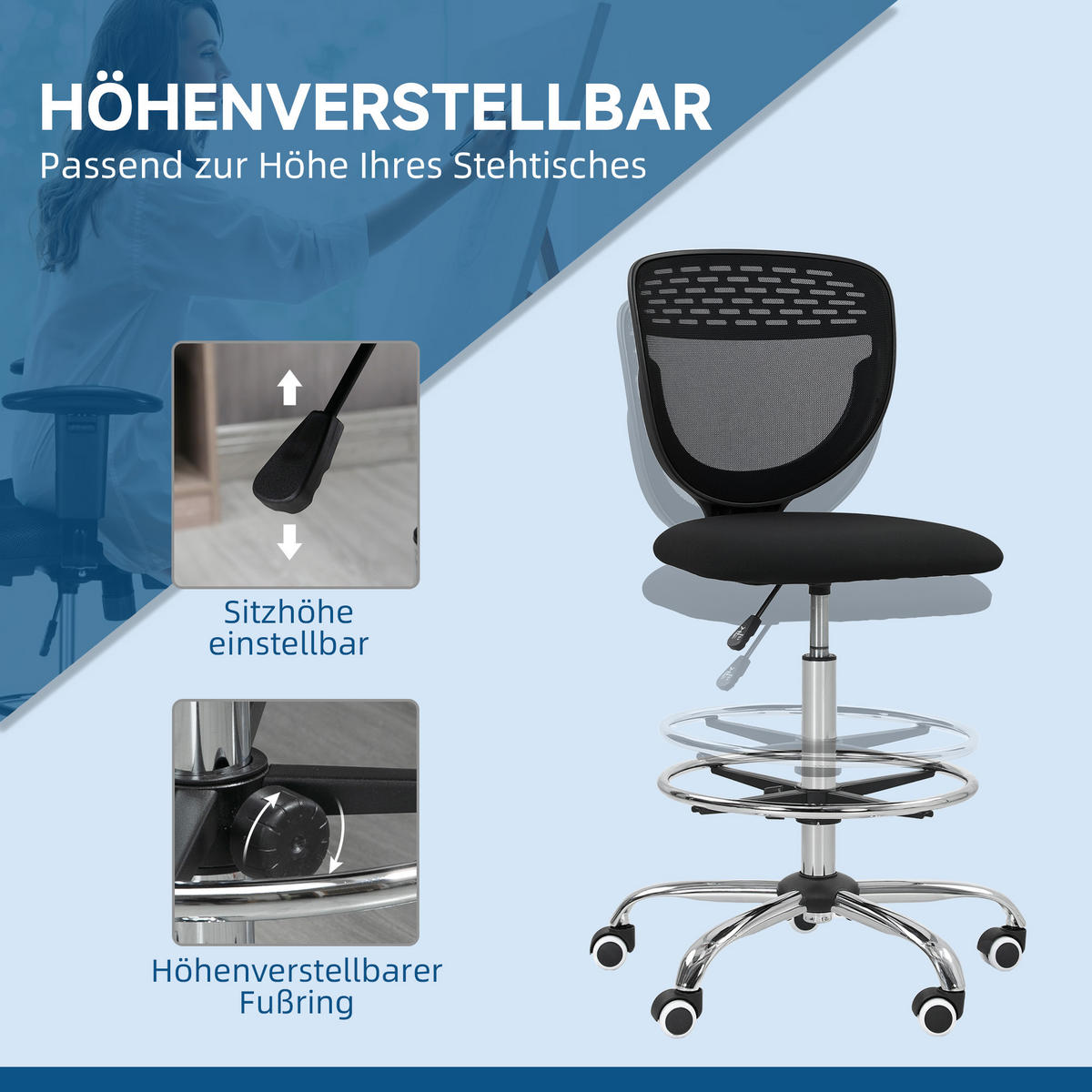 BÜROSTUHL Ergonomischer Schreibtischstuhl mit verstellbarer Fußring Schwarz - Schwarz, Kunststoff (59/126/59cm) - Vinsetto