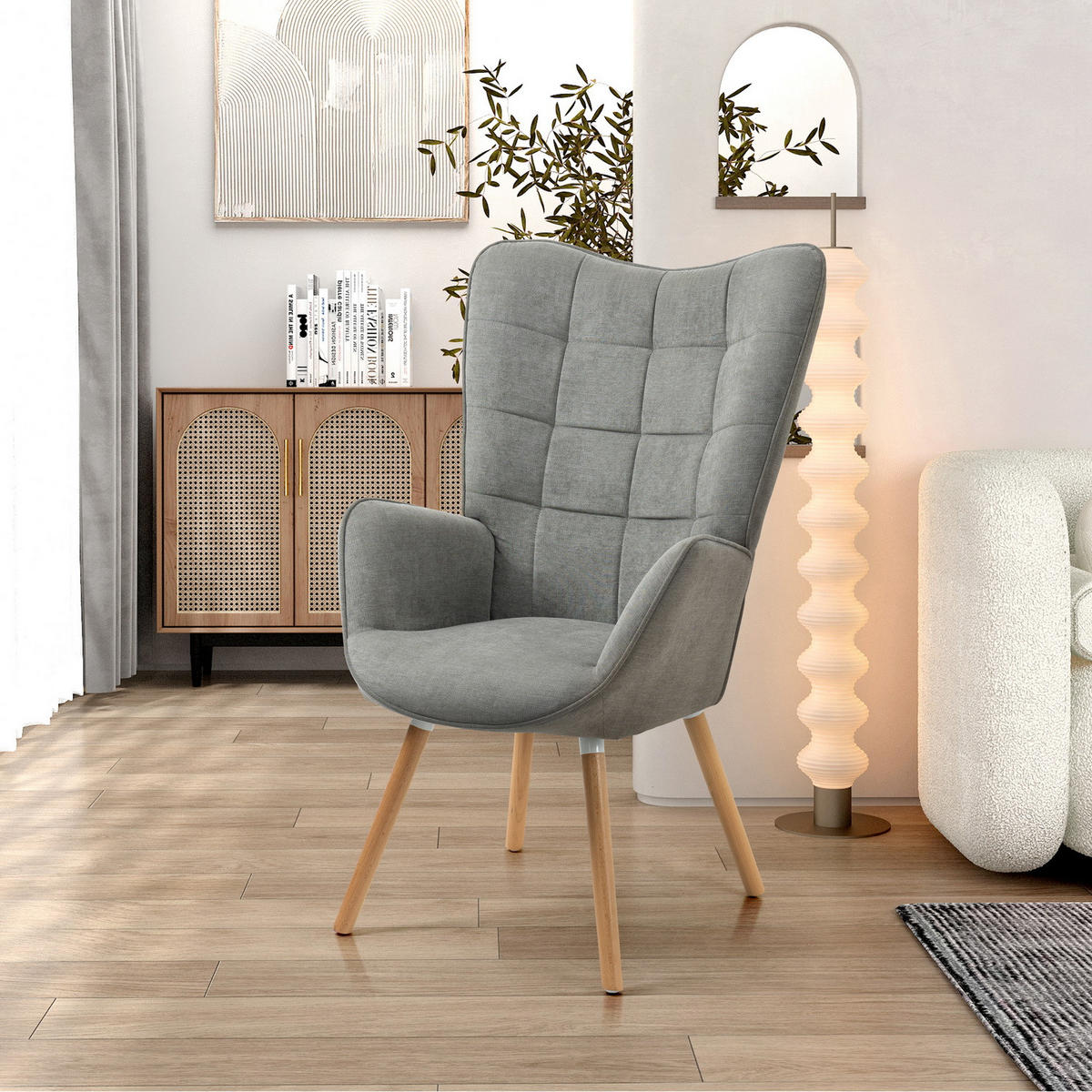 RELAXSESSEL aus Stoff im skandinavischen Stil, gepolsterte Sitzfläche mit Armlehnen, massive Buchenholzbeine in Grau - Grau, Holz/Textil (64/106/50cm) - Meubles Cosy