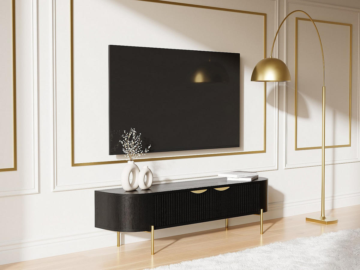TV-MÖBEL mit 2 Türen - Mangoholz & goldfarbenes Metall - Schwarz - NEVILI - Schwarz, Holz (160/45/40cm) - Vente-Unique