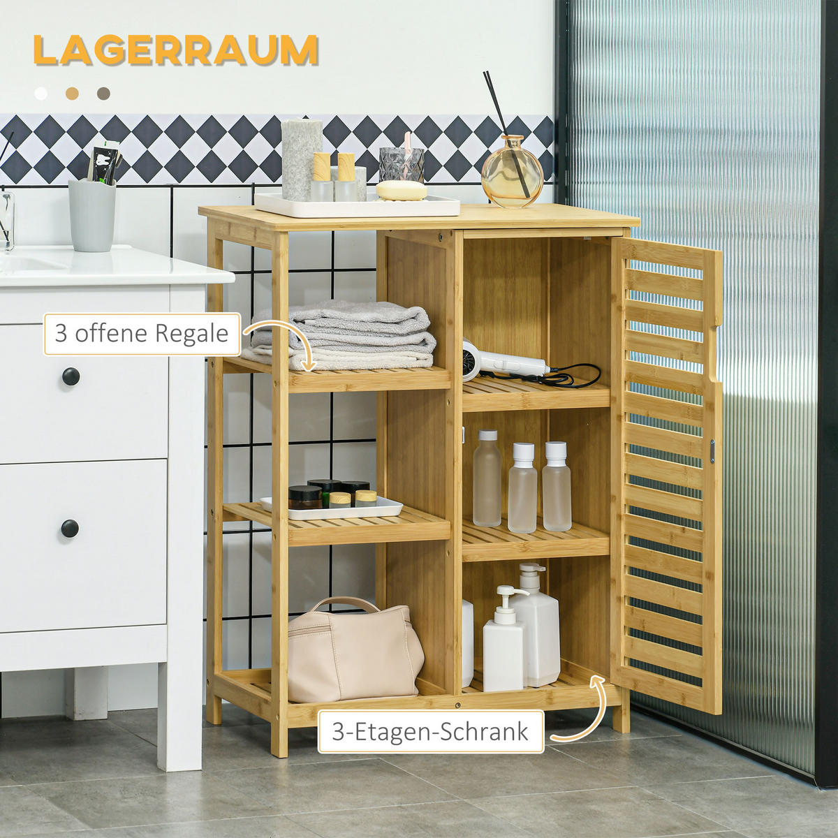 BADSCHRANK mit Schrankfach, 3 Offenen Ebenen, mit Kippschutz, Natur - Naturfarben, Holz (33/87/66cm) - Kleankin