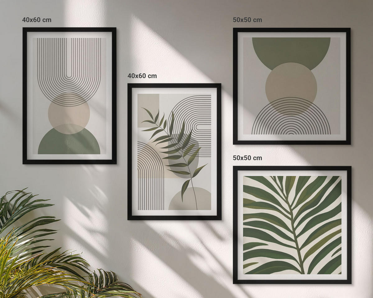 BILDER SET 4er Set - 50x50 cm & 40x60 cm Schwarzer Rahmen - Abstrakte Blätter im Boho-Stil - Schwarz, Kunststoff (50/50cm) - TULUP