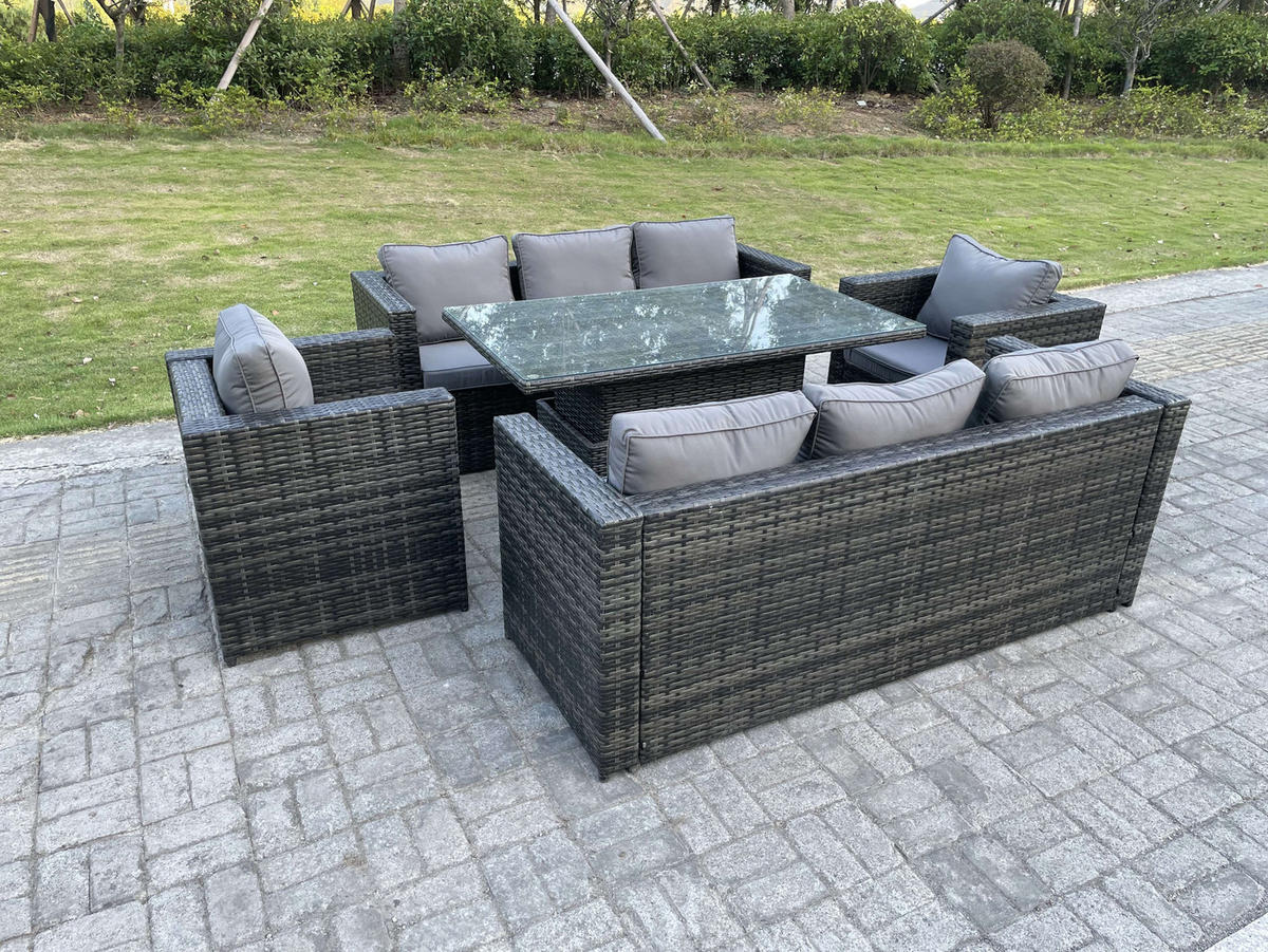 GARTENTISCHGRUPPE Polyrattan 8-Sitzer - Dunkelgrau/Grau, Glas/Kunststoff - Fimous