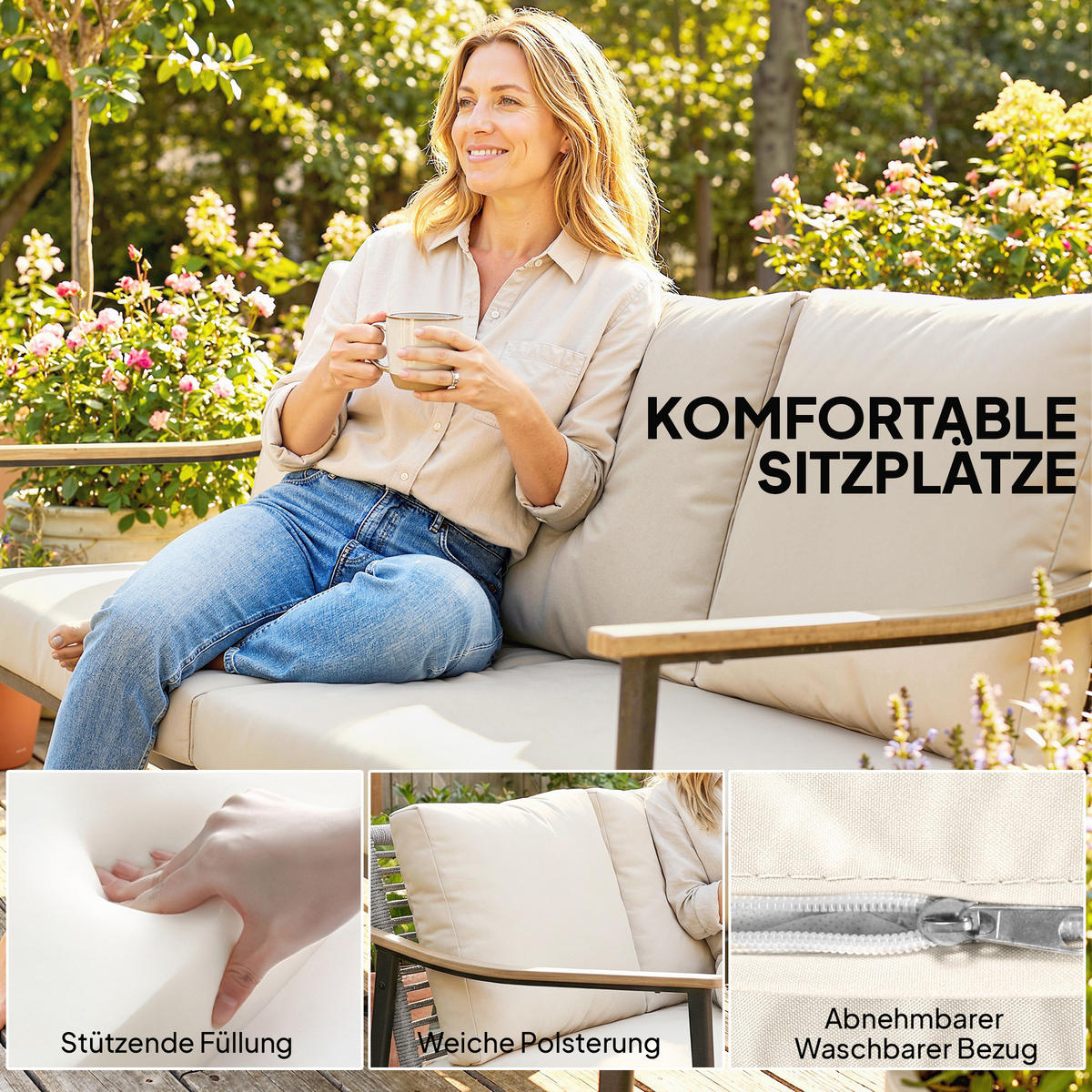 GARTENSOFA 3-Sitzer DE-06775 mit abnehmbaren Kissen Khaki - Taupe, Kunststoff/Metall (75/78/176cm) - ComfortXL