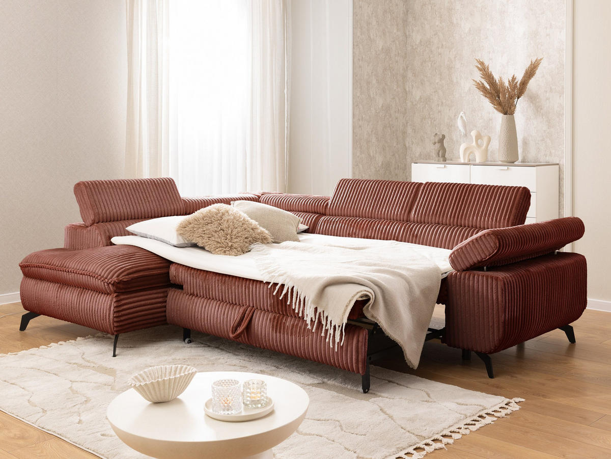 ECKSOFA mit Schlaffunktion und Bettkasten Bonnie aus Terrakotta Cord-Stoff mit verstellbaren Kopfstützen und Armlehne - Ottomane links - Terracotta/Schwarz, Holz/Textil (275/210cm) - S-Style Möbel