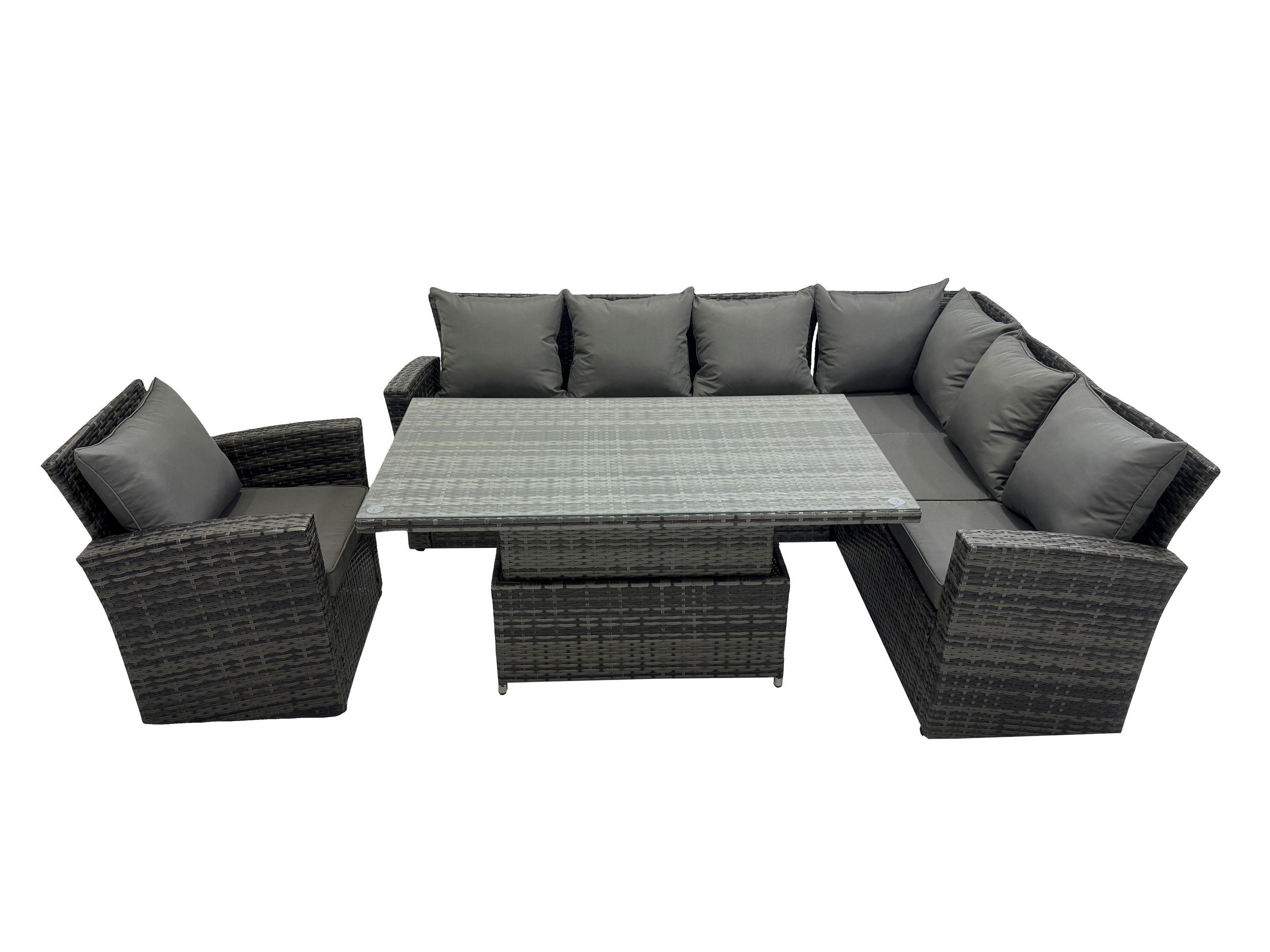 GARTENSET mit höhenverstellbarer Tisch Polyrattan 7-Sitzer - Dunkelgrau/Grau, Glas/Kunststoff - Fimous