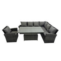 GARTENSET mit höhenverstellbarer Tisch Polyrattan 7-Sitzer - Dunkelgrau/Grau, Glas/Kunststoff - Fimous